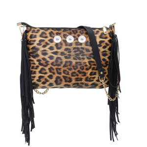 Large-capacity leopard-print one-shoulder tassel clutch bag messenger bag fit 18mm snap button jewelry