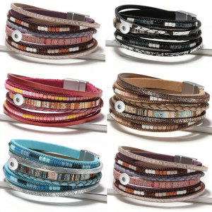 Bohemian Bracelet Hand Braided Leather Cord Bracelet Alloy Magnetic Buckle fit 12mm snaps chunks