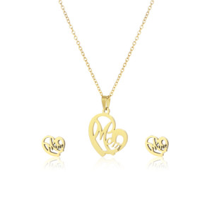 Stainless Steel Heart Mom Necklace Stud Earrings Set Mother's Day Gift 45CM