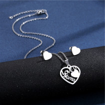 Stainless Steel Heart Mom Necklace Stud Earrings Set Mother's Day Gift 45CM