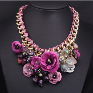 Colorful Flower Jewel Pendant Rope Braided Necklace