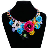 Colorful Flower Jewel Pendant Rope Braided Necklace