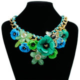 Colorful Flower Jewel Pendant Rope Braided Necklace