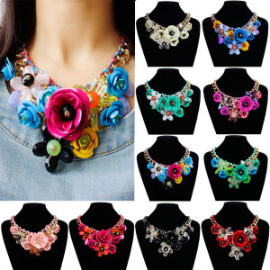 Colorful Flower Jewel Pendant Rope Braided Necklace