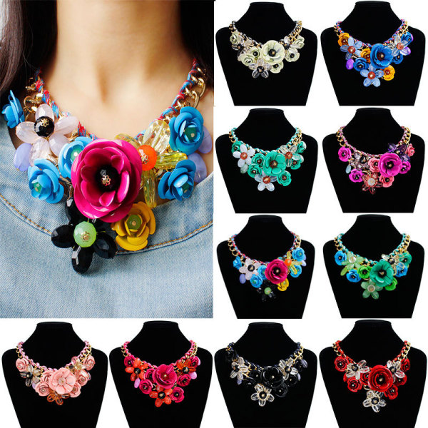 Colorful Flower Jewel Pendant Rope Braided Necklace