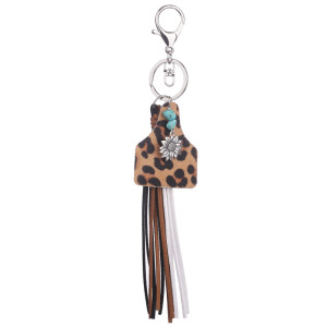 Western Style Keychain Geometric Cow Brand Leather Fringe Turquoise Sunflower