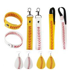 Hand Stitched Leather Baseball Earrings Bracelet Keychain Headband