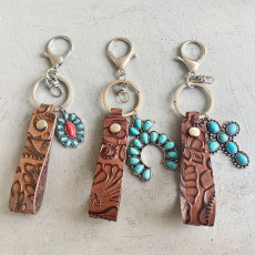 Embossed Leather Keychain Western Style Turquoise Pumpkin Flower Pendant Textured Leather Keychain