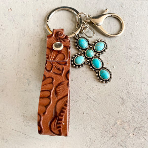 Embossed Leather Keychain Western Style Turquoise Pumpkin Flower Pendant Textured Leather Keychain