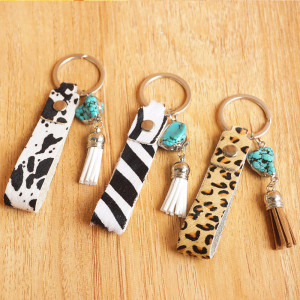 Leather horsehair leopard print cow zebra print turquoise fringed leather keychain