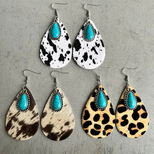 Animal-print leopard-print cowhide earrings drop earrings in turquoise metal
