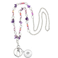 Easy pull buckle lanyard necklace purple gravel glass beads lanyard work badge ID necklace fit 20MM chunks snap button jewelry