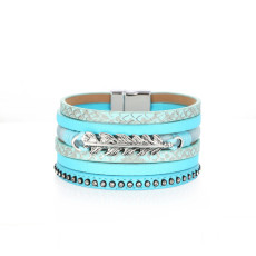 Leather Bracelet Geometric Leaf Scale Pattern Multilayer Wide Magnetic Buckle Leather Bracelet