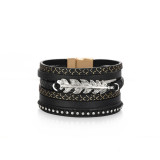 Leather Bracelet Geometric Leaf Scale Pattern Multilayer Wide Magnetic Buckle Leather Bracelet