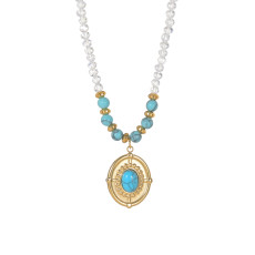 Beaded Chain Turquoise Diamond Oval Pendant Stainless Steel Necklace