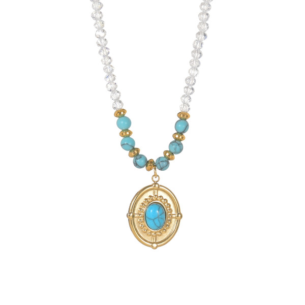 Beaded Chain Turquoise Diamond Oval Pendant Stainless Steel Necklace