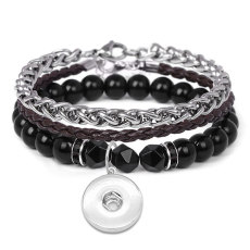 Stainless Steel Chain Bracelet Natural Stone Leather Rope Three Piece Bracelet fit 20mm snaps  jewelry