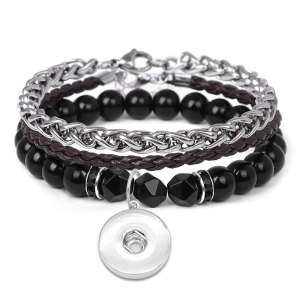 Stainless Steel Chain Bracelet Natural Stone Leather Rope Three Piece Bracelet fit 20mm snaps  jewelry