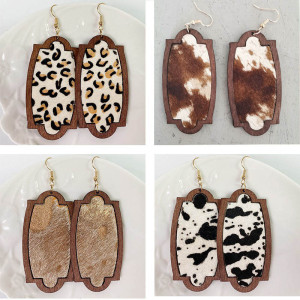 Geometric Gold Dot Leopard Print Horsehair Leather Earrings Wood Earrings