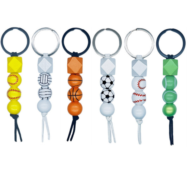 Football Basketball Tennis Baseball Keychain Wooden Beads Print
