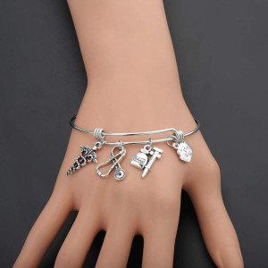 Gifts for Healthcare Workers Snake Medical Logo Syringe Nurse Cap Stethoscope Stainless Steel Adjustable Bracelet