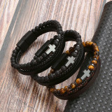 Natural Stone Stainless Steel Bracelet Obsidian Volcanic Stone Cross Multilayer Bracelet