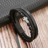 Natural Stone Stainless Steel Bracelet Obsidian Volcanic Stone Cross Multilayer Bracelet