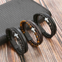 Natural Stone Stainless Steel Bracelet Obsidian Volcanic Stone Cross Multilayer Bracelet
