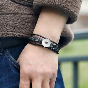 Couple Leather Jewelry Ethnic Vintage Alloy Magnetic Buckle Leather Bracelet fit 20mm snaps  jewelry