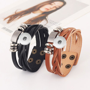 Braided Leather Bracelet Sub-leather Bracelet Genuine Leather fit 20mm snaps  jewelry