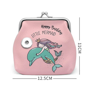 pu leather zipper coin purse cute mermaid cartoon coin storage bag 20mm snap button jewelry