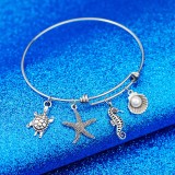 Adjustable Stainless Steel Bracelet Ocean Starfish Seahorse Turtle Pearl Shell Alloy Pendant