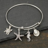 Adjustable Stainless Steel Bracelet Ocean Starfish Seahorse Turtle Pearl Shell Alloy Pendant