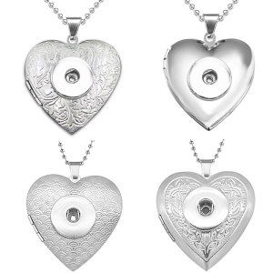 Stainless steel heart pattern photo box with chain Love fit 18mm snap button jewelry