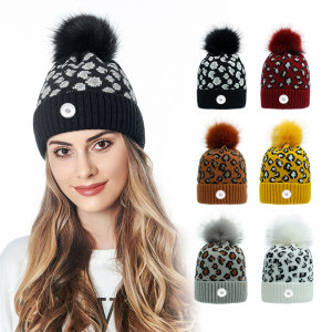 Autumn and Winter Knitted Hat Women Leopard Knitted Hat Warm Large Wool Ball Hat 18mm snap button jewelry