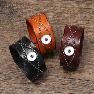Vintage punk genuine leather 18mm snap button bracelet  DIY jewelry