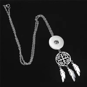 Stainless steel necklace with hollow tassel feather dream catching net suitable 20MM Snaps button jewelry wholesale