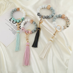 Silicone bead bracelet Amazon hot selling wooden bead bracelet Key chain pendant Anti loss bracelet Key ring