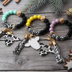 MAMA wood chip oxhead western style key chain silicone bead bracelet