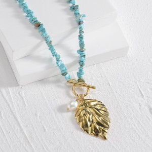 Stainless Steel Natural Stone Beaded Necklace 14K Real Gold Versatile Light and Sweet Collar Chain