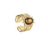 Stainless Steel Turquoise Set Ring 14K Gold Open Adjustable Ring