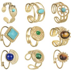 Stainless Steel Turquoise Set Ring 14K Gold Open Adjustable Ring