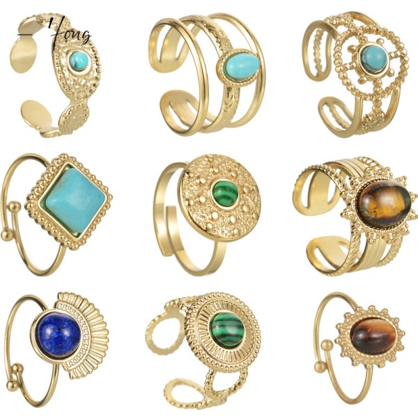 Stainless Steel Turquoise Set Ring 14K Gold Open Adjustable Ring