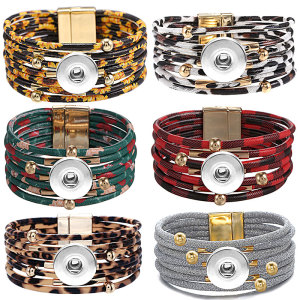Metal Leopard Magnet Buckle Leather Bracelet Beaded Brass Bracelet Snaps button jewelry wholesale