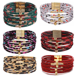 Metal Leopard Magnet Buckle Leather Bracelet Beaded Leather Rope Brass Bracelet Jewelry