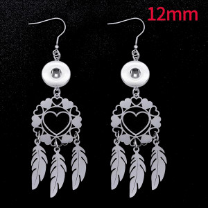 Stainless steel jewelry cut dream catching net hollow tassel feather earrings fit 12MM snap button jewelry Hollow circle