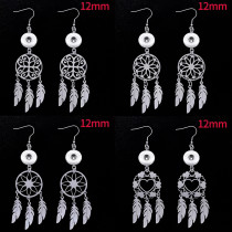 Stainless steel jewelry cut dream catching net hollow tassel feather earrings fit 12MM snap button jewelry Hollow circle