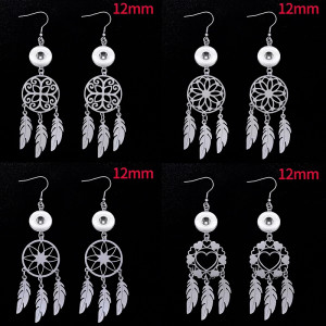Stainless steel jewelry cut dream catching net hollow tassel feather earrings fit 12MM snap button jewelry Hollow circle