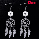 Stainless steel jewelry cut dream catching net hollow tassel feather earrings fit 12MM snap button jewelry Hollow circle