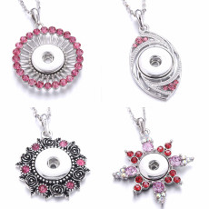 Pink rose rhinestone Metal Pendant 60CM Necklace for 20mm Snaps button jewelry wholesale